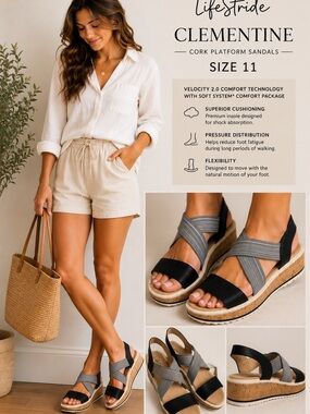 LifeStride Clementine 2.0 Velocity Comfort Cork Platform Sandals Size 11